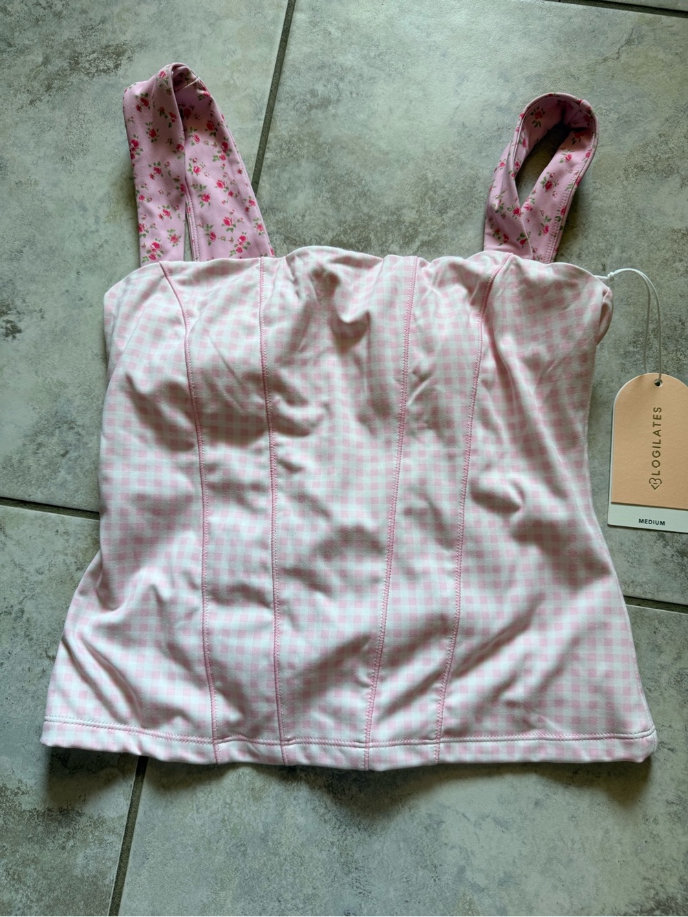 Blogilates Pink Gingham Tank Top with Floral Straps - Medium